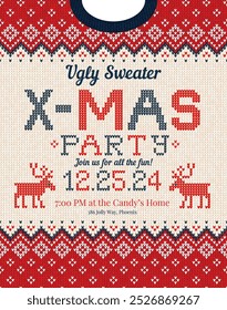 X-MAS Christmas party invitation ugly sweater design, festive red, blue, white knitted patterns. Reindeer motifs, playful typography, fun cozy holiday atmosphere, touch of nostalgia. Ugly Sweater Part