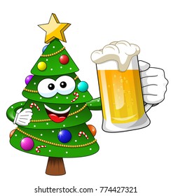 xmas or christmas tree mascot character holding beer mug isolated