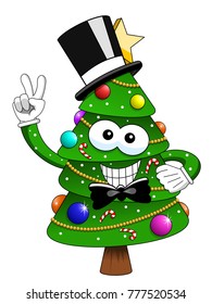 xmas christmas tree mascot character tuxedo top hat smiling isolated on white