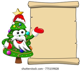 xmas or christmas tree santa claus mascot character presenting blank scroll isolated