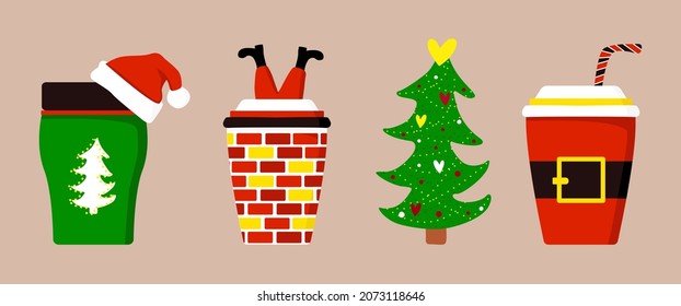 Xmas coffee. Set mug, cup, tree, Santa in chimney. Christmas banner hot chocolate. Vector illustration isolated. 
Design New Year paper cups for drinks.
