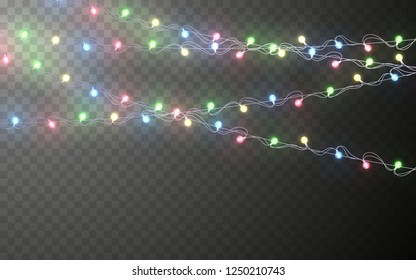 Xmas Color garland, festive decorations. Glowing christmas lights transparent effect decoration on dark background. Vector illustration.