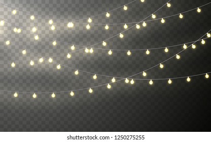 Xmas Color garland, festive decorations. Glowing christmas lights transparent effect decoration on dark background. Vector illustration.