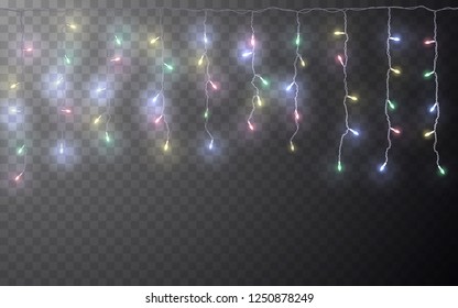 Xmas Color garland, festive decorations. Glowing christmas lights transparent effect decoration on dark background. Vector illustration.
