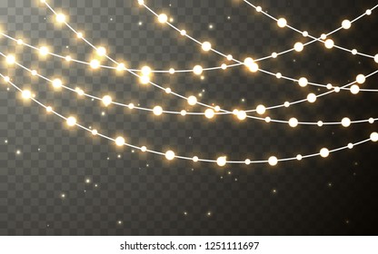 Xmas Color garland, festive decorations. Glowing christmas lights transparent effect decoration on dark background. Vector illustration.