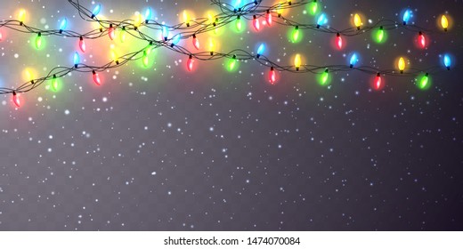 Xmas Color garland, festive decorations. Glowing christmas lights transparent effect decoration on dark background. Vector illustration.