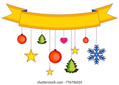 Xmas colorful poster, ribbon, snowflakes and stars. New year holiday vector illustration for gift card, flyer, certificate or banner