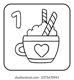 Xmas coloring advent calendar. Hand drawn vector poster with cup of hot cocoa, coffee