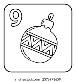 Xmas coloring advent calendar. Hand drawn vector Christmas tree ball icon