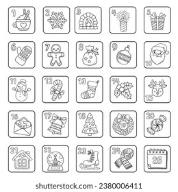 Xmas coloring advent calendar. Hand drawn vector poster with different Christmas symbols