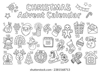 Calendario de llegada de coloreado de Navidad. Afiche vector dibujado a mano con diferentes símbolos de Navidad