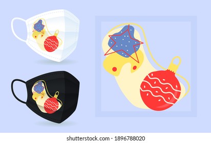 Xmas colourful ornaments face mask mockup with abstract element layout. Star, tree bauble. Colourful 2D graphic shapes in modern creative style. Trendy isolated doodles illustration