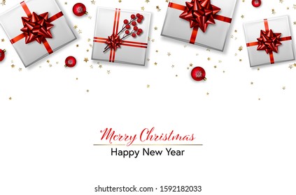  Xmas composition with bauble balls and gift boxes. Merry Christmas and Happy New Year card. Winter holidays decorative border. Vector illustration