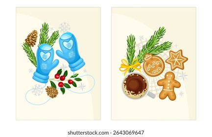 Xmas composition with knitted mittens, fir tree branches and gingerbread cookies. Merry Christmas and Happy New Year Holidays card templates set vector illustration