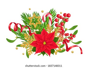 X-mas composition of poinsettia, fir twig, holly berries and mistletoe with golden snowflakes, candy cane. Christmas colorful traditional decoration, vector illustration isolated on white.