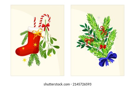 Xmas composition with red sock, candy cane, fir tree branches. Merry Christmas and Happy New Year Holidays card templates set vector illustration