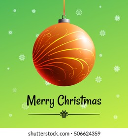 Xmas concept. Christmas greeting card. Multicolor banner with dangling realistic color toy. Design template with word of congratulation. Holiday poster with text, 3d glass ball and magical background