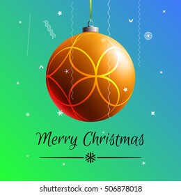 Xmas concept. Christmas greeting card. Multicolor banner with dangling realistic color toy. Design template with word of congratulation. Holiday poster with text, 3d glass ball and magical background