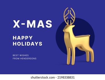 Xmas congratulations purple greeting card template golden horned deer bauble realistic 3d icon vector illustration. Merry Christmas violet festive banner design premium animal character spruce toy