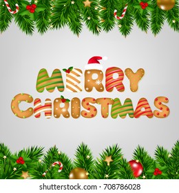 Xmas Cookie With Fir Tree Borders With Gradient Mesh, Vector Illustration
