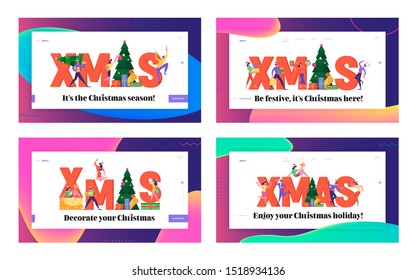 Xmas Corporate Celebration Concept Website Landing Page Set. Office People Dancing, Congratulations and Christmas Celebration with Gifts and Fir-tree Web Page Banner. Cartoon Flat Vector Illustration