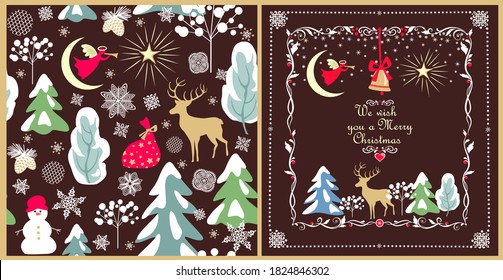 Xmas craft design with chocolate color greeting card and wallpaper with winter landscape, golden reindeer, angel, crescent, snowman, Christmas star and hanging jingle bell