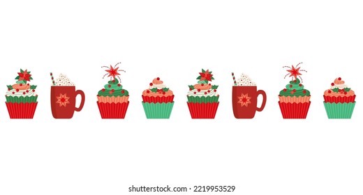 Pasteles de Navidad, tazas de cacao sin fisuras en el borde del patrón vectorial. Los aguacates navideños más finos ponen dibujos animados en un elemento ilustrativo. Festividad divertida marco decorativo para banner, carteles de volante fondo de impresión