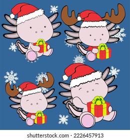 xmas cute baby axolotl cartoon sitting christmas set collection pack illustration in vector format