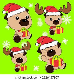xmas cute baby pug dog cartoon sitting christmas set collection pack illustration in vector format