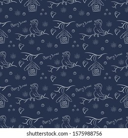 Xmas cute birds seamless pattern outline on dark background, vector