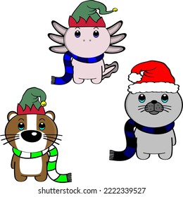xmas cute chibi standing baby animals set illustration. christmas vector format