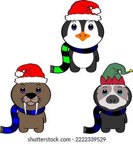 xmas cute chibi standing baby animals set illustration. christmas vector format