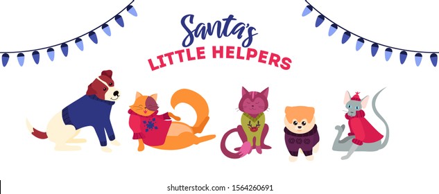 Xmas cute and festive illustration with cats and dogs template vector illustration. Santas little helpers weating funny costumes flat style design. Holidays concept