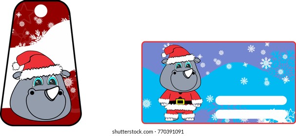 xmas cute rhino claus´s costume cartoon gift card set in vector format 