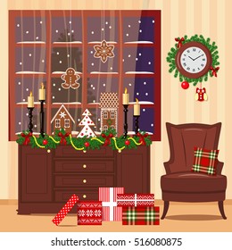 Xmas decorated room with window, chest of drawers, armchair, toys, gifts. realistic style vector illustration. cozy room with illumination, gift boxes, pillow, wreath, candles presents curtains
