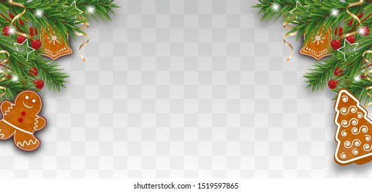 Xmas decoration of Christmas tree branches with gingerbread cookies, holly berries and golden ribbons on transparent background. Vector illustration.