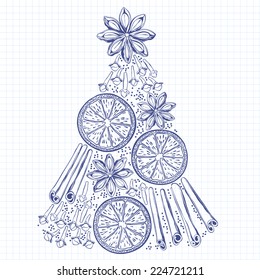  Xmas Decorations. Abstract Christmas Tree, cinnamon sticks, star anise, orange, clove. Doodle sketch.