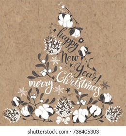  Xmas Decorations. Abstract Christmas Tree. Hand-drawn vector illustration on kraft background.