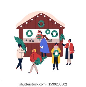 Xmas decorations kiosk flat vector illustration. Saleswoman and customers cartoon characters. Christmas fair, seasonal street market design element. People buying fir trees and festive wreaths.