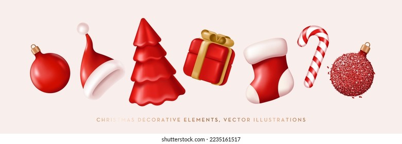 Xmas decorative elements collection. Glass balls, Santa hat, stocking, candy lollipop, Christmas tree, gift box. Vector illustration in 3d realistic style