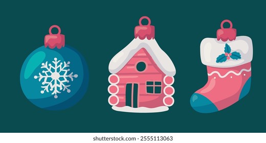 Xmas decorative elements collection. Glass balls, stocking, house, Christmas tree. Vector illustration