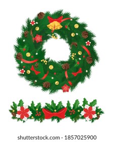 Xmas decorative wreath with bells and fir-tree branches decorated by poinsettia flowers, cone shape glass toys, red mistletoe berries vector isolated icons
