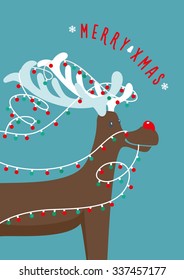 Xmas deer with a garland on horns. Template for greeting cards