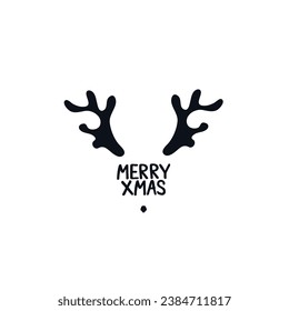 Xmas deer head logo icon sign Merry Christmas lettering New Year decorative concept Cute design Cartoon children's style Fashion print clothes apparel greeting invitation card flyer poster banner ad