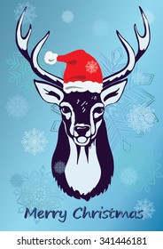 Xmas deer with Santa hat on it and snowflakes around, on blue background. Merry Christmas card. Vector illustration.