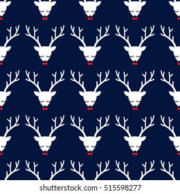 Xmas deer seamless pattern on dark blue background. Cute deer with bow background for Christmas holidays. Xmas deer Illustration. Design for textile, wallpaper, web, fabric, decor etc.