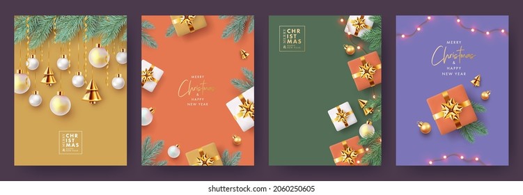 Xmas design with 3d realistic golden gift boxes, pine branches, golden conical Christmas trees, balls and garland lights. Christmas Set of greeting cards, posters, holiday covers, web banners