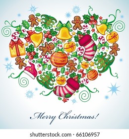 Xmas design elements combined in a shape of a holiday heart.
