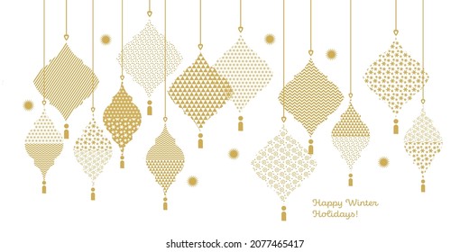 Xmas design ornament with texture in gold and white colors. Oriental vibes baubles elements for card, header, invitation, poster, social media, post publication.
