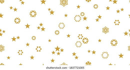 Xmas design with stars and small abstract elements. Seamless vector pattern with geometric motifs. Template for gifts, cards, flyers. Golden on white.